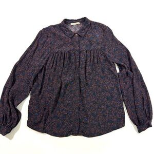 Sessun Button Front Blouse Blue Abstract Print Long Sleeve
